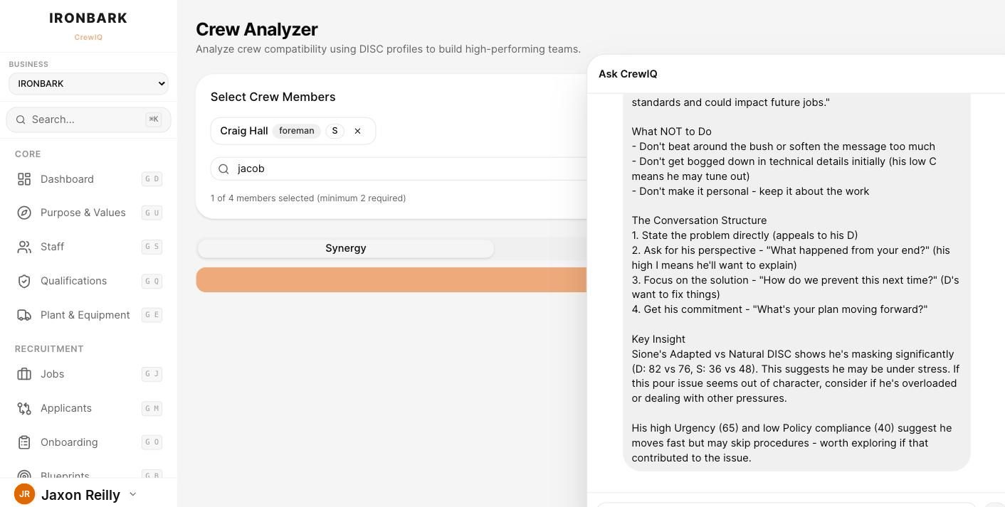CrewIQ conversation coach answer, guidance drawn from both DISC profiles