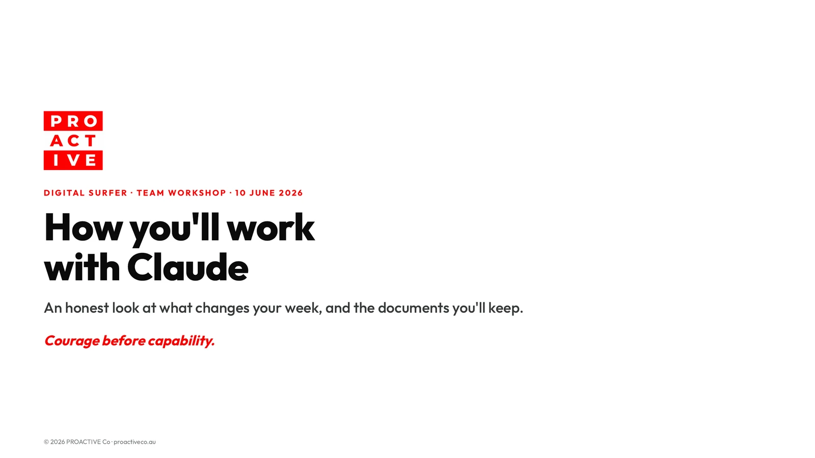 Title slide from the PROACTIVE Co workshop deck: How you'll work with Claude, Digital Surfer team workshop, 10 June 2026