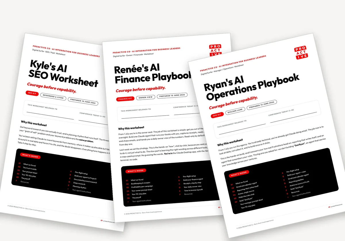 Three role worksheets from the Digital Surfer workshop: Kyle's AI SEO Worksheet, Renée's AI Finance Playbook and Ryan's AI Operations Playbook